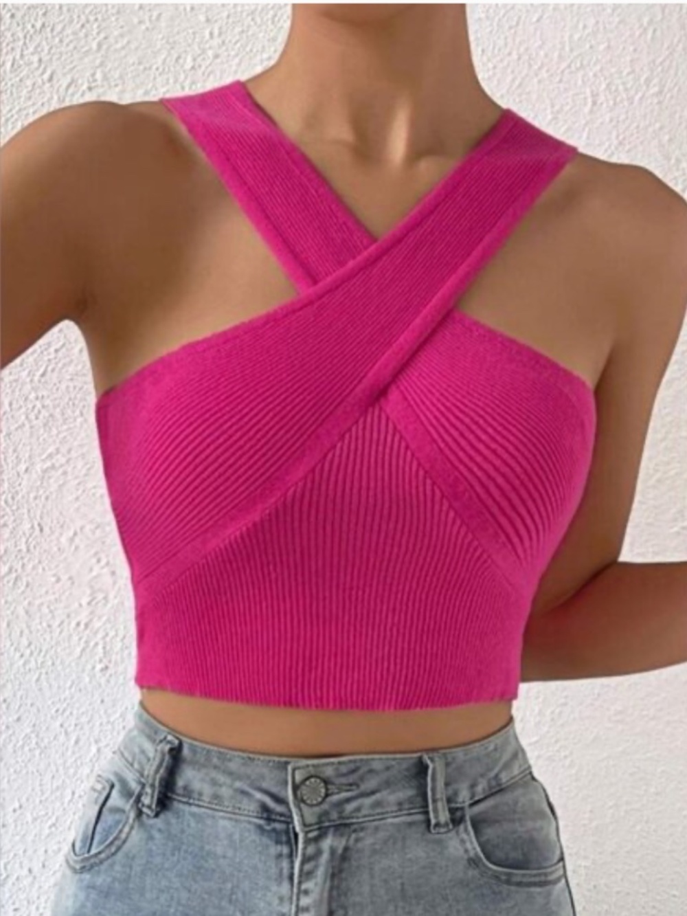 House of Harlow 1960 Hot Pink Ribbed Cross Over Halter Crop Top Size Medium